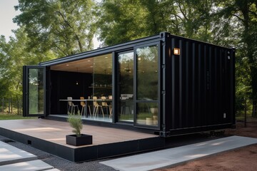 Sustainable shipping container transformed into modern minimalistic restaurant, office, or house. Generative AI