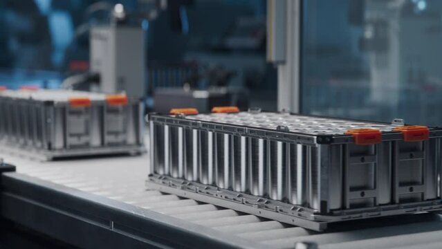 EV Battery Production Factory. Close-up of Lithium-ion High-voltage Battery Components for Electric Vehicle or Hybrid Car on Conveyor Belt. Battery Module for Automotive Industry Production Line. 