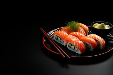 sushi on a black background on a plate with chopsticks taken from a low angle with empty space around it