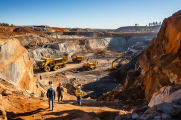 Workers in a quarry looking at the vehicles and the exploitation. wide angle photo - obrazy, fototapety, plakaty