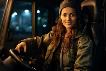 Foto op Canvas female trucker looking at camera in the night © FotoAndalucia