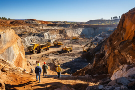 Workers in a quarry looking at the vehicles and the exploitation. wide angle photo