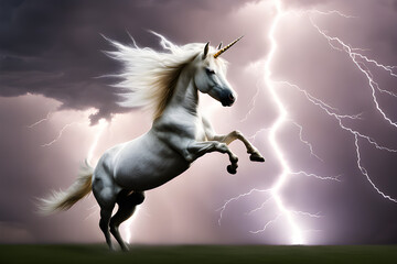 Obraz na płótnie Canvas Photo of a unicorn avoiding lightning, generative ai