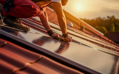 Construction worker installs solar panels on the roof of a house - 646069101