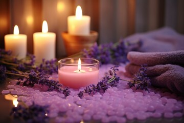 Cleansing bath with candles, aroma salt, lavender on tub table. Generative AI