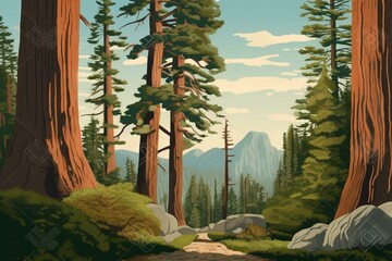 Artwork depicting Giant Sequoia National Monument in southern Sierra Nevada, California, USA, done in WPA or Federal Art Project style. Generative AI - obrazy, fototapety, plakaty
