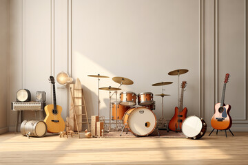 room housing various musical instruments,3d rendering