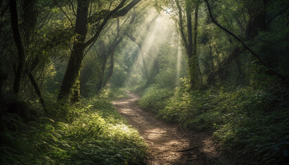 A tranquil forest adventure on a spooky footpath in autumn generated by AI