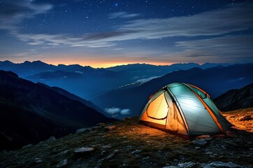 Tienda de campaña iluminada por la noche en una montaña solitaria. Se ve un cielo estrellado