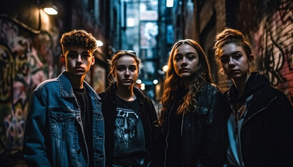 Young adults embrace in fashionable casual clothing, enjoying city nightlife generated by AI