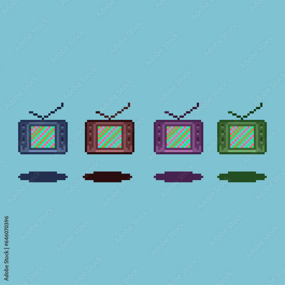 Poster pixel art sets of television with variation color items asset. pixel television technology on pixela