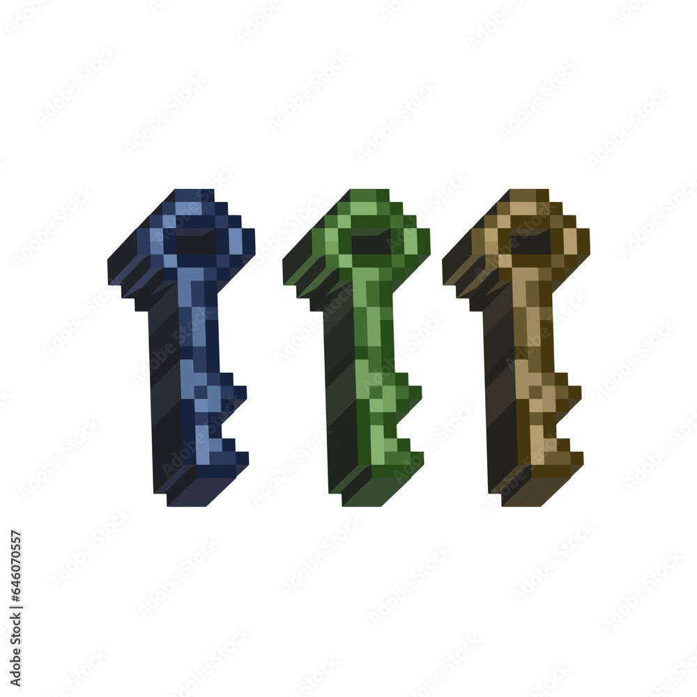 Poster isometric pixel art 3d of key for items asset. simple 3d blue,green,and yellow key on pixelated styl