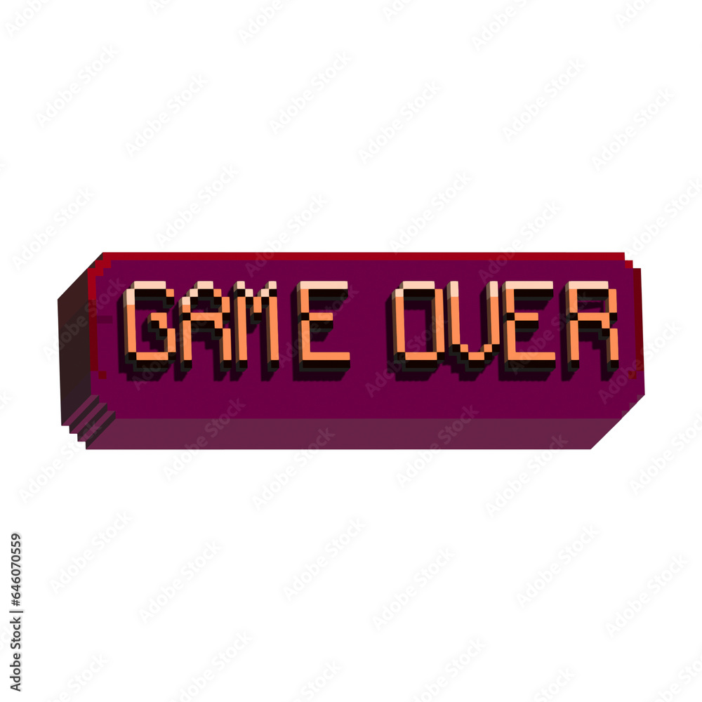 Poster isometric pixel art 3d of game over user interface for items asset. simple 3d game over box on pixel