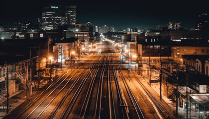 Fototapeta na wymiar Illuminated city skyline, traffic blur, vanishing point, glowing nightlife, modern transportation generated by AI