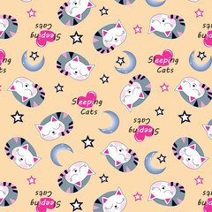 Sleeping cats stars and moons pattern with hearts
