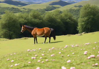 horse on a green meadow with mountains in the background.