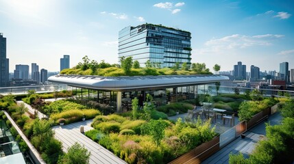 Fototapeta premium a rooftop garden on a city building, emphasizing its cooling effect and contribution to air quality improvement