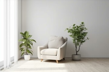 Minimalist living room with plants and recliner on white walls background. Generative AI