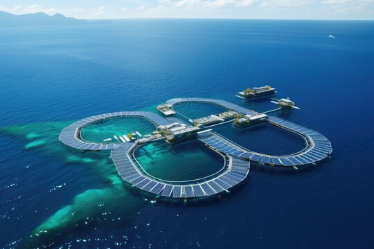 Futuristic power plant of the future in the ocean, water energy