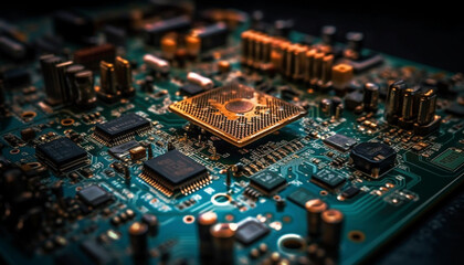 Complex computer circuit board with selective focus on semiconductor chip generated by AI