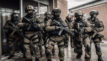 Army soldiers in uniform aiming rifles for outdoor conflict strategy generated by AI