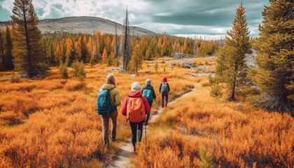 Men and women hiking in Alberta autumn forest landscape generated by AI