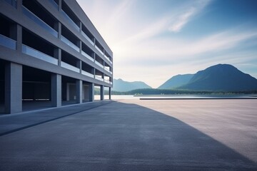 Modern architecture with empty parking and mountain lake view. Generative AI