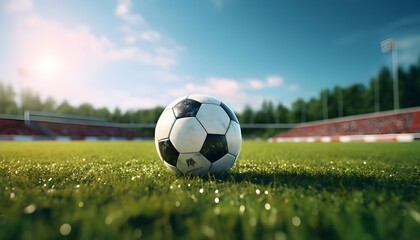 Fototapeta premium Football ball placed on the grass on a soccer field with copy space