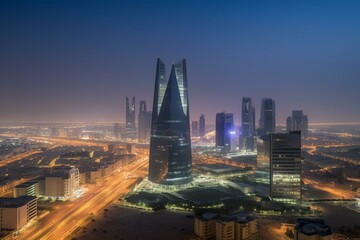 Cityscape with illuminated skyscrapers in Riyadh. Generative AI