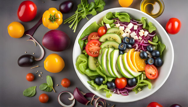 健康的な食事　たくさんの野菜とチーズのカラフルなサラダ　