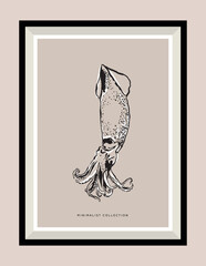 Vector hand drawing octopus illustration in a poster frame for wall art gallery
