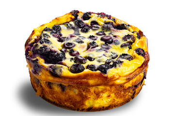 High angle view of freshly baked homemade yogurt blueberry cake isolated  on white background with clipping path.