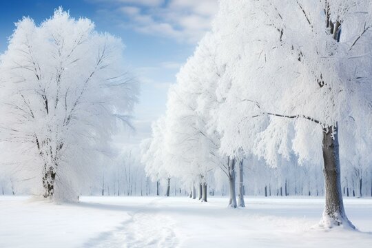 A snowy winter scene with trees covered in frost. Generative AI