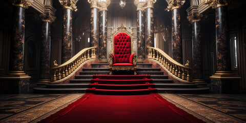 Regal Entrance: Red Carpet Pathway to Royal Thrones within Majestic Castle - obrazy, fototapety, plakaty