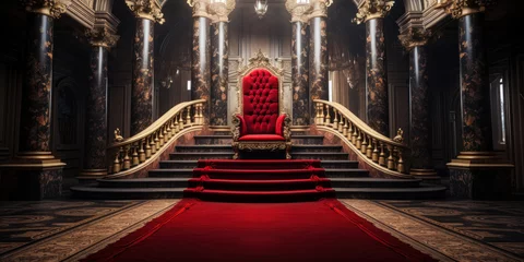 Fotobehang Regal Entrance: Red Carpet Pathway to Royal Thrones within Majestic Castle © Bartek