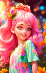 Beautiful girl with pink hair and colorful flowers in her hair.