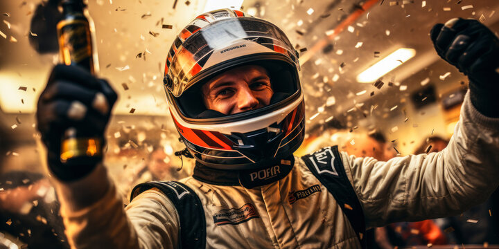 Victory Lane Festivities: Racing Champion Celebrates with Bubbly Spray