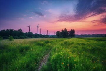 Wind turbines on a meadow during blue hour. Generative AI