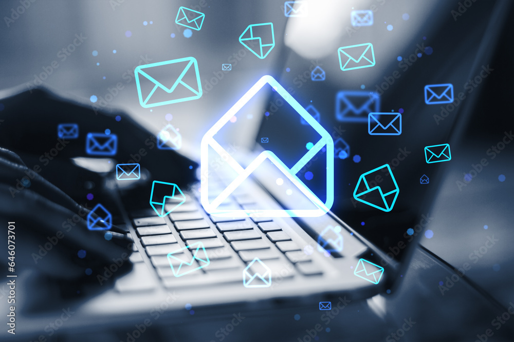 Poster close up of female hands using laptop keyboard on desk with glowing email letter icons on blurry bac