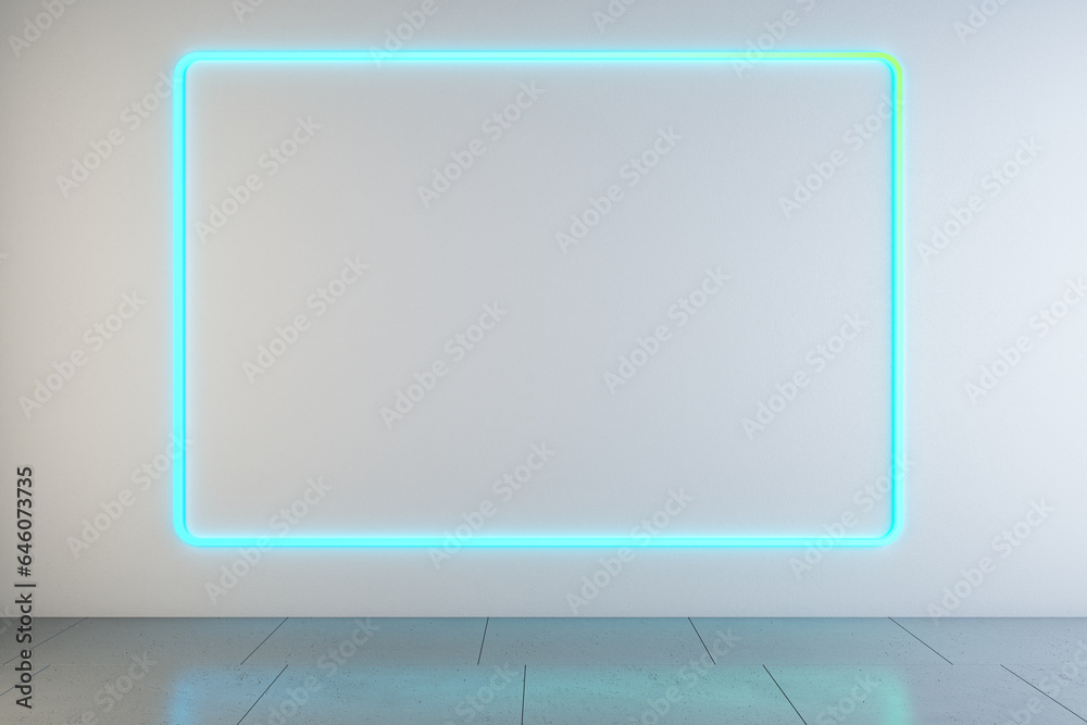 Poster creative light neon blue gallery interior with mock up frames on concrete wall. future concept. 3d r