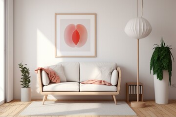 A 3D poster with minimalist design in a cozy living room. Generative AI