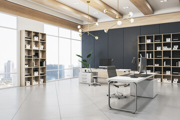 New office interior with wooden and concrete walls and flooring, window with city view and daylight, bookcases and workplace with computer monitor. 3D Rendering.