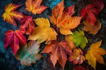 Naklejka na ściany i meble Arrangement of colorful fall leaves. Generative AI