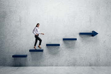Side view of young woman climbing blue arrow stairs to success on concrete wall background in interior. Financial growth, career development and forward concept.