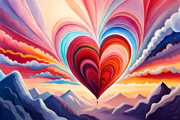 Schilderijen op glas red heart love mind mental flying healing in universe spiritual soul abstract health art power watercolor painting illustration design © Maaz