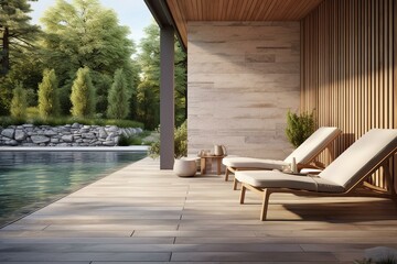3D render of a contemporary swimming pool terrace with concrete tile floor and wooden wall, furnished with a leather chair, overlooking a large garden in the morning. Generative AI