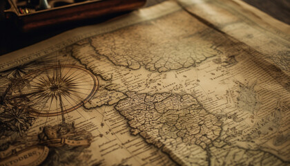 Fototapeta na wymiar Antique world map, selective focus on foreground, stained paper, revival generated by AI