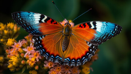 Obraz premium Graceful butterfly in vibrant multi colored wings pollinating yellow flower generated by AI