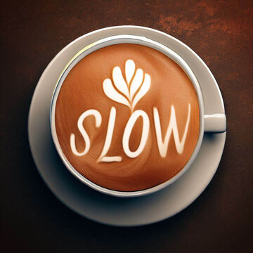 cafe latte with latte art in the form of the word SLOW, top view, close up, photo realistic