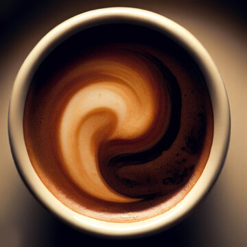 cafe latte or cappuccino with latte art in the shape of a yin-yang symbol, top view, close up, photo real